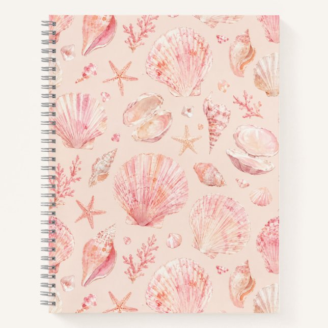 Carnet Motif de plage à l'aquarelle Rose coquillage (Devant)