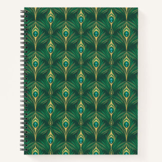 Carnet Motif de plumes de paon en vert émeraude et or