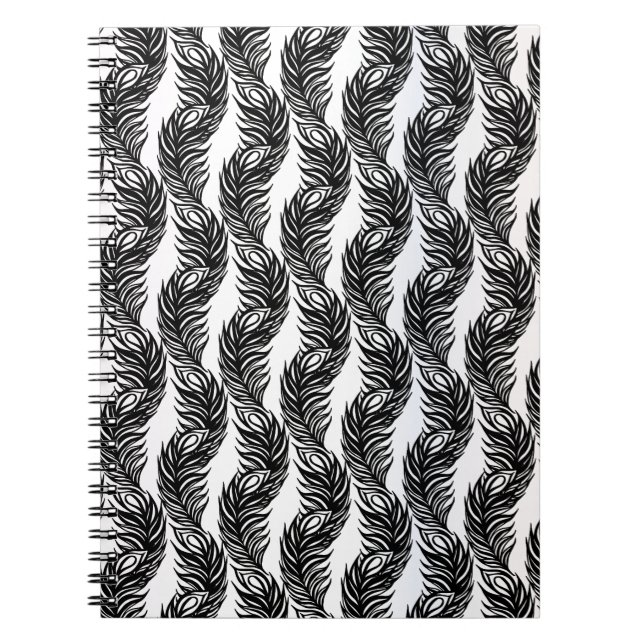 Carnet Motif de plumes Peacock abstrait noir et blanc (Devant)