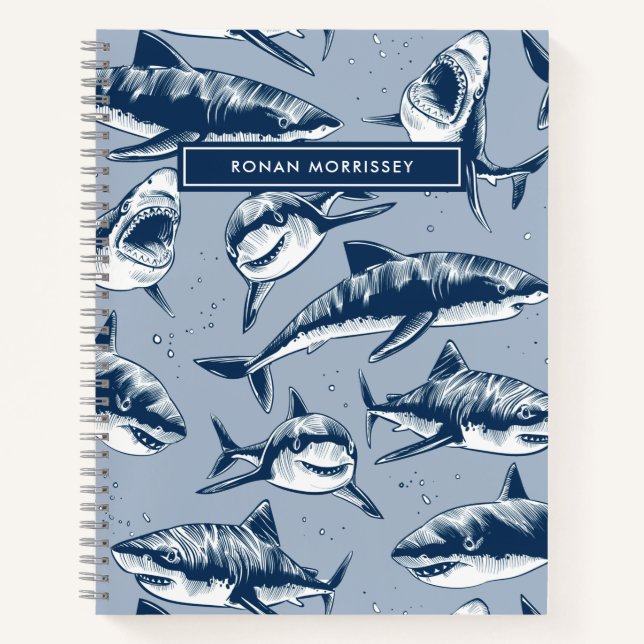 Carnet Motif de requin effrayant Nom Blue Kids (Devant)