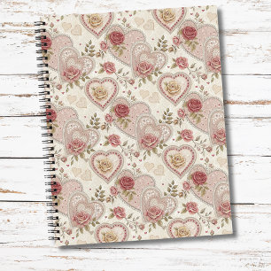 Carnet Motif de rose à cœurs froncés brun ivoire vintage