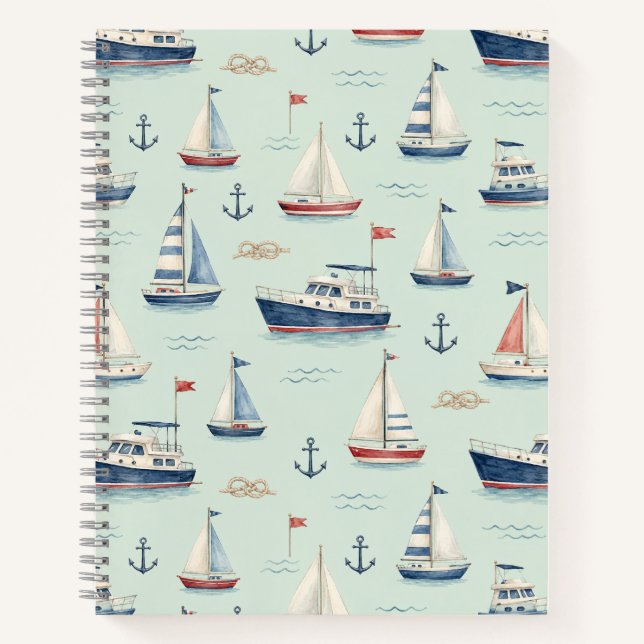 Carnet Motif de style côtier à l'aquarelle avec voilier b (Devant)