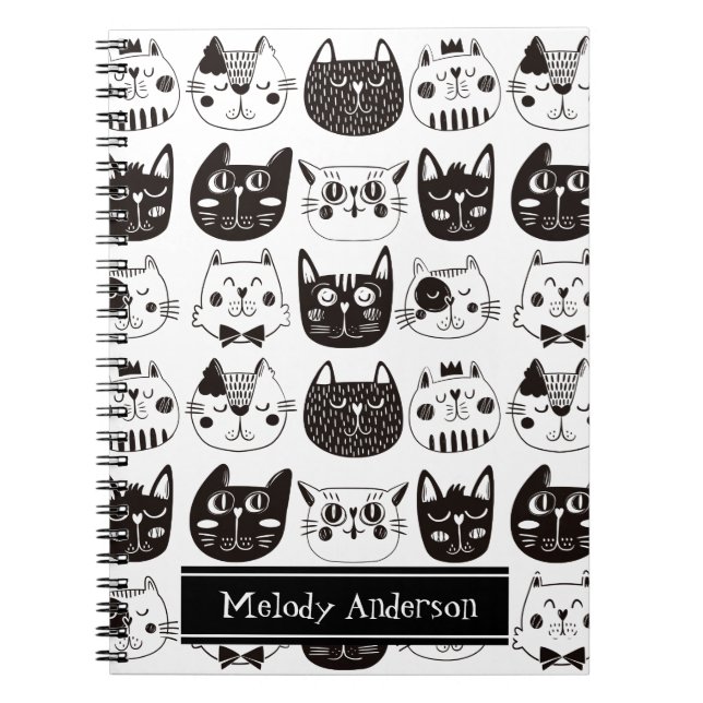 Carnet Motif de visages de chats noirs et blancs mignons (Devant)
