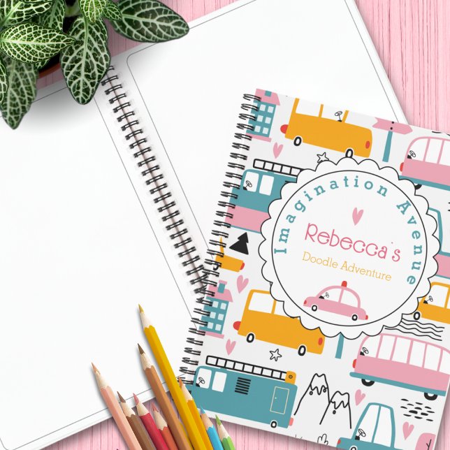 Carnet Motif de voiture rose et Turquoise Nom de l'enfant (Fuel imagination with our personalized car pattern sketchbook in pink, yellow & teal. Order today!)