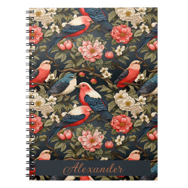 Carnet Motif décoratif élégant Oiseaux & Fleurs Nom (Devant)