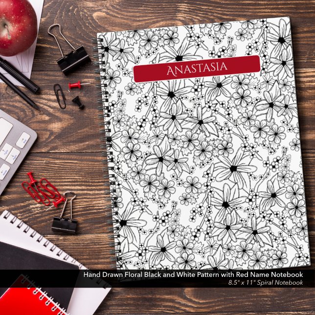 Carnet Motif et nom rouge floral noir (Spiral Notebook: Hand Drawn Floral Pattern in Black and White with Red Name)