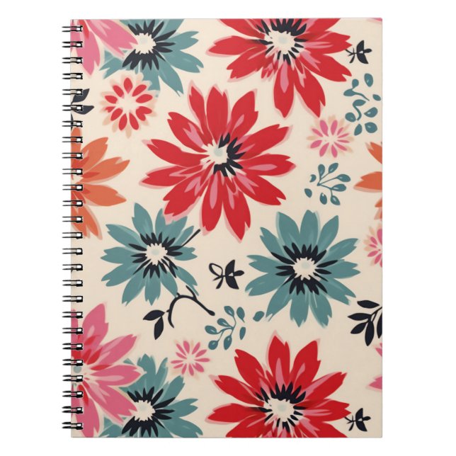 Carnet Motif Fleur Rétro Rouge Orange Bleu (Devant)