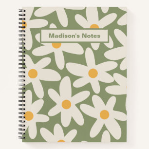 Carnet Motif Fleur Rétro Temps de Marguerites Vert Sauge