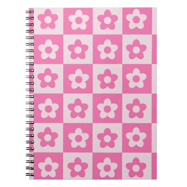 Carnet Motif Fleurs Rétro Rose Chaud et Blanc à Damier (Devant)