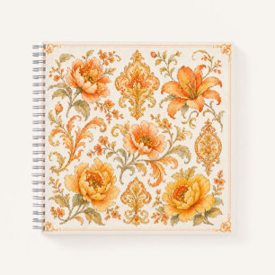 Carnet Motif Floral Baroque Vintage – Orange Chaud / Or