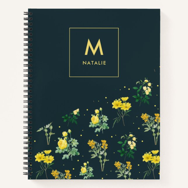 Carnet Motif floral bleu marine moderne monogramme (Devant)