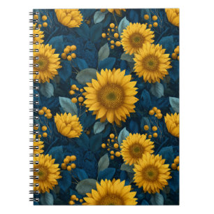 Carnet Motif floral bleu tournesol jaune vintage