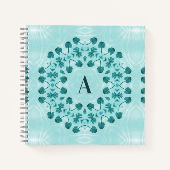 Carnet Motif floral, bleu Turquoise initial (Devant)
