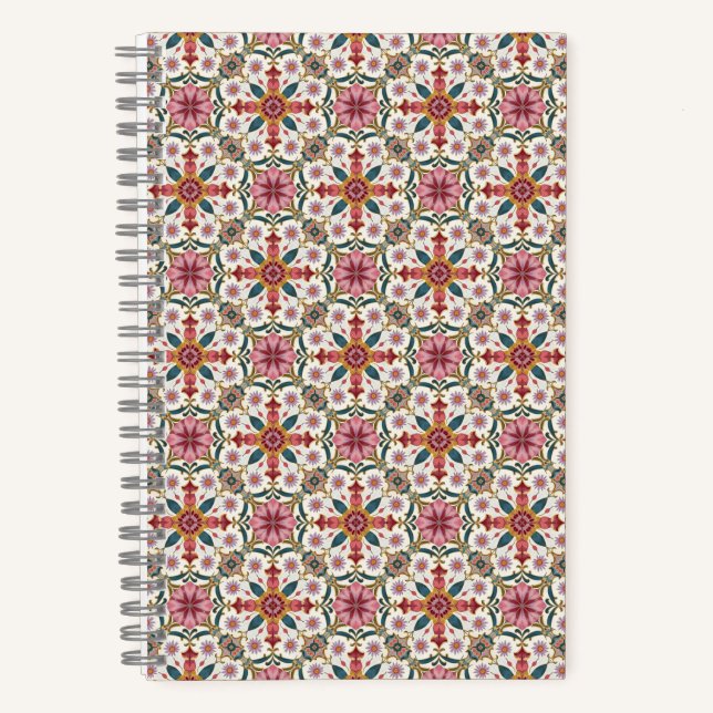 Carnet Motif floral boho en rouge, rose et sarcelle (Recto)