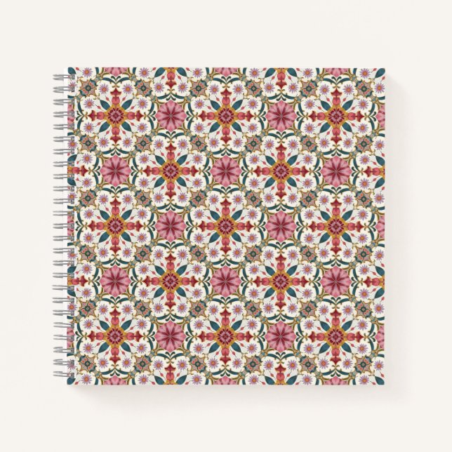 Carnet Motif floral boho en rouge, rose et sarcelle (Devant)