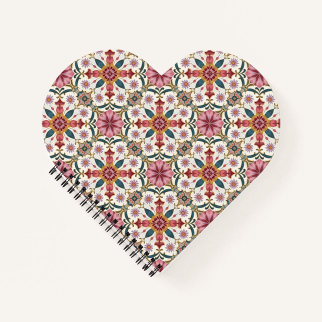 Carnet Motif floral boho en rouge, rose et sarcelle (Devant)