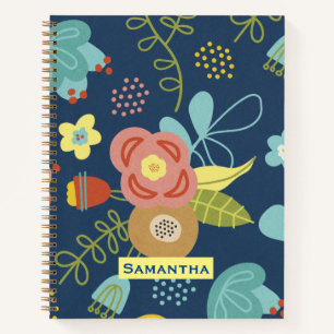 Carnet Motif floral coloré bleu foncé Personnalisé