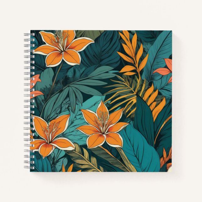 Carnet Motif floral folklorique marine et moutarde (Devant)