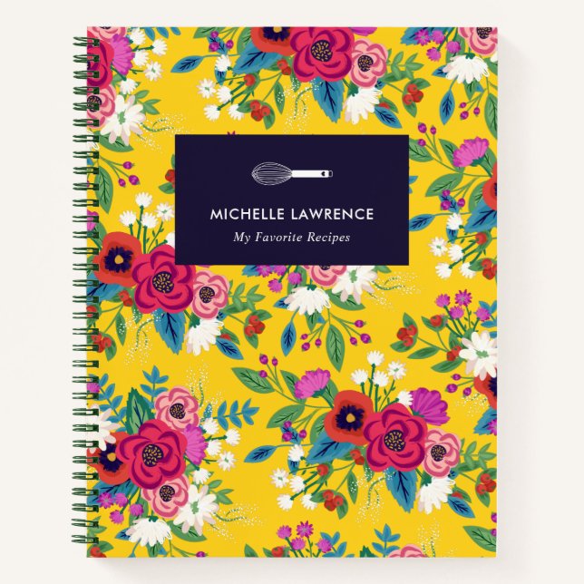 Carnet Motif floral jaune gras Boho rouge (Devant)