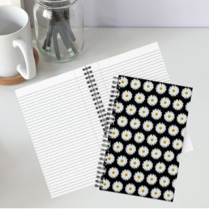Carnet Motif floral Marguerite blanche sur fond noir