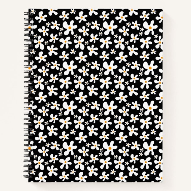 Carnet Motif floral noir et blanc rétro | Daisy | (Devant)