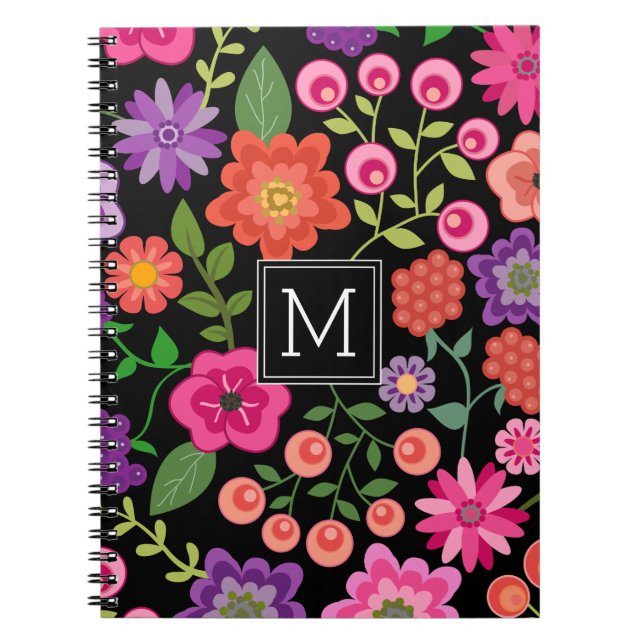 Carnet Motif floral noir tendance avec Monogramme personn (Devant)