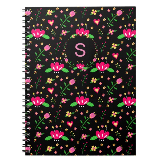 Carnet Motif floral occupé sur monogramme noir (Devant)