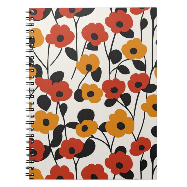 Carnet Motif floral rétro en gras rouge, orange et noir (Devant)