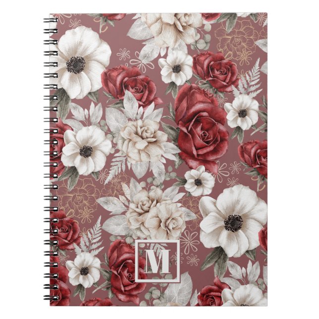 Carnet Motif floral rose bordeaux monogrammé (Devant)