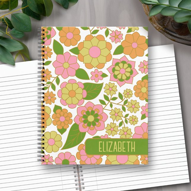Carnet Motif floral tendance rétro avec bloc de nom (Personalized Notebook with Custom Text)
