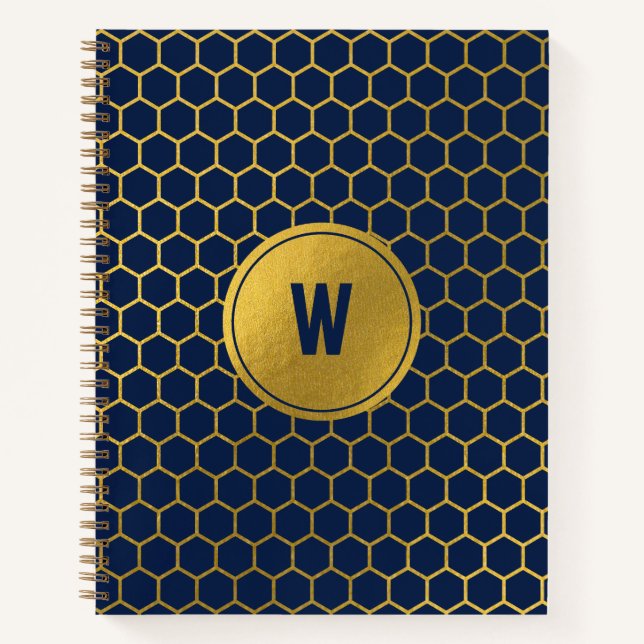 Carnet Motif Hexagon bleu marine Monogramme initial (Devant)