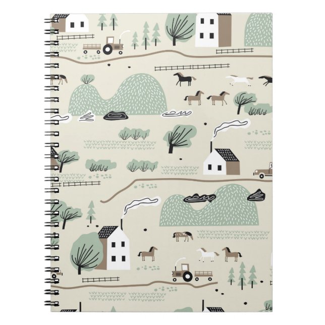 Carnet Motif incolore avec maison, arbres, cheval (Devant)