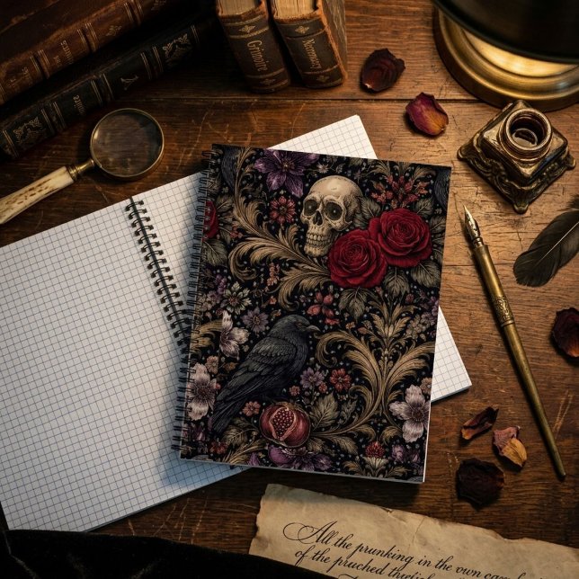 Carnet Motif inspiré de William Morris Crânes gothiques (William Morris Inspired Pattern Gothic Skulls Notebook by Ricaso.  Goth dark and moody artwork)