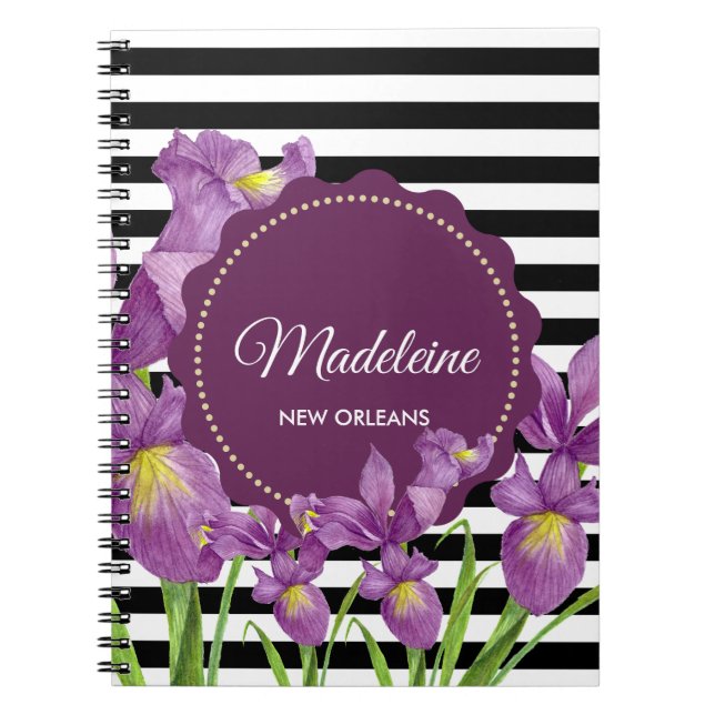 Carnet Motif Iris Botanique Noir Blancs Violet (Devant)