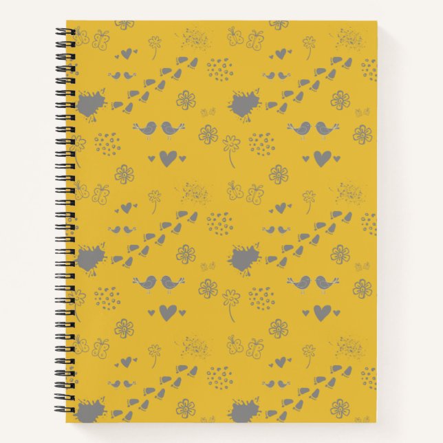 Carnet motif jaune et gris d'oiseaux, de points, de pas, (Devant)