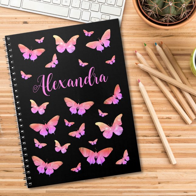 Carnet Motif joli papillon rose noir nom (Modern butterfly pattern pink and black custom name notebook with elegant typography script )