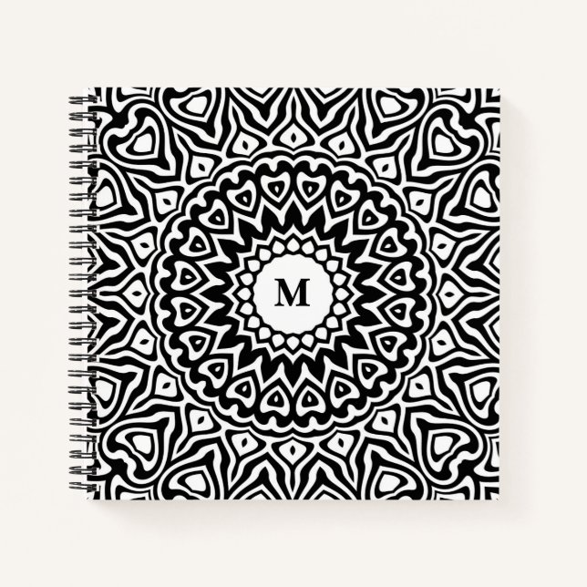 Carnet Motif Mandala Noir et Blanc Monogrammé Moderne (Devant)