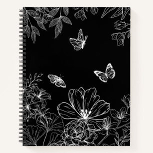 Carnet Motif minimaliste de la nature florale noire et bl