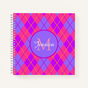 Carnet Motif monogramme argyle rose et bleu vif