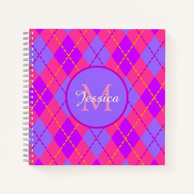 Carnet Motif monogramme argyle rose et bleu vif (Devant)
