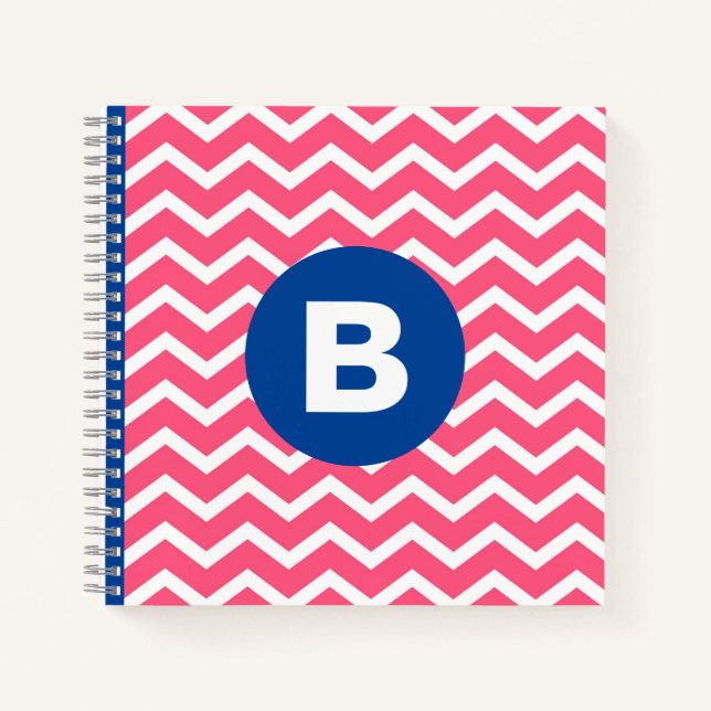 Carnet Motif monogramme chevron rose vif et blanc (Devant)