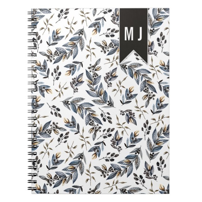 Carnet Motif Monogramme Feuilles Noires Baies | (Devant)