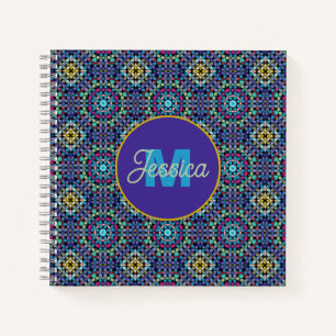 Carnet Motif mosaïque géométrique bleu orné personnalisé