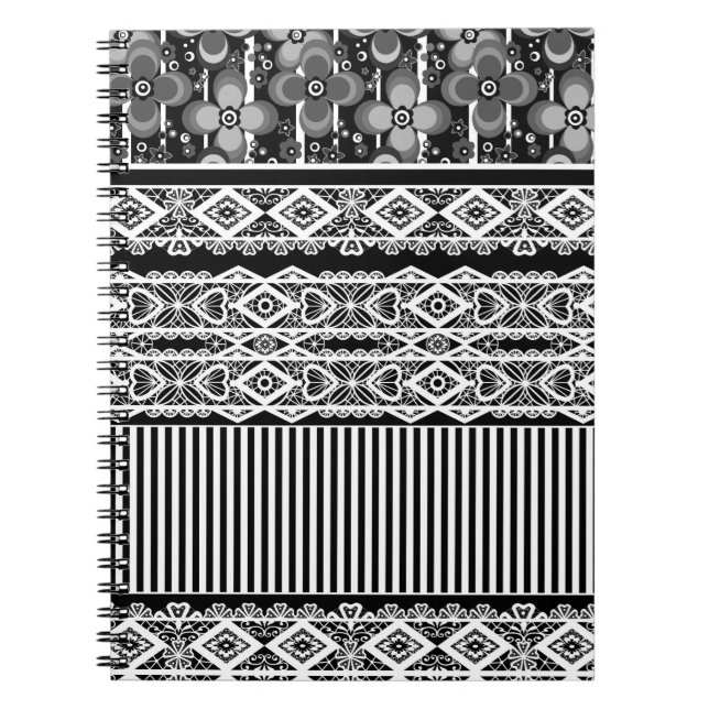 Carnet Motif noir et blanc avec dentelle et patchwork (Devant)