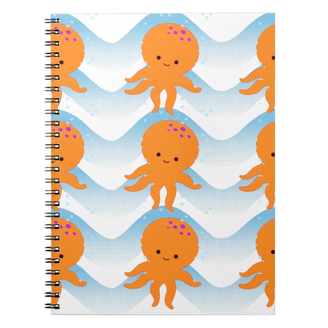 Carnet Motif Octopus Orange Et Vagues Bleues (Devant)