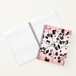 Carnet Motif oiseaux et fleurs de cerisier noir sur rose 