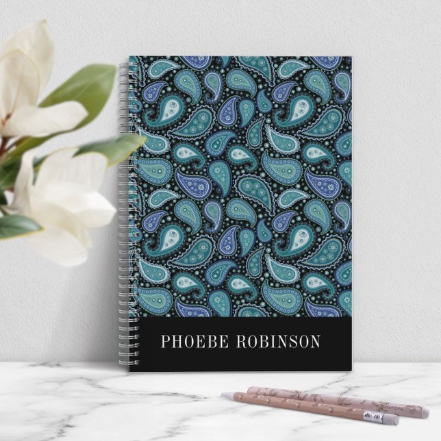 Carnet Motif Paisley Bleu Rétro Élégant (Elegant Retro Blue Paisley Pattern Notebook)