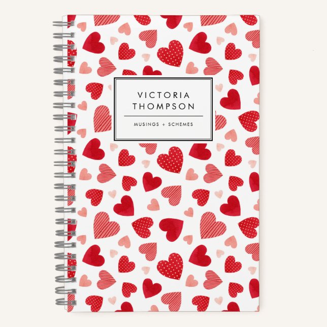Carnet Motif Patchwork Cœurs Rouges Aquarelle (Recto)