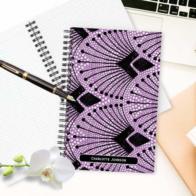 Carnet Motif Peacock noir blanc Art déco rétro (Art Deco Purple Black White Modern Peacock Pattern Notebook ©Susanne Sachers - Sunny Mind 🌞)