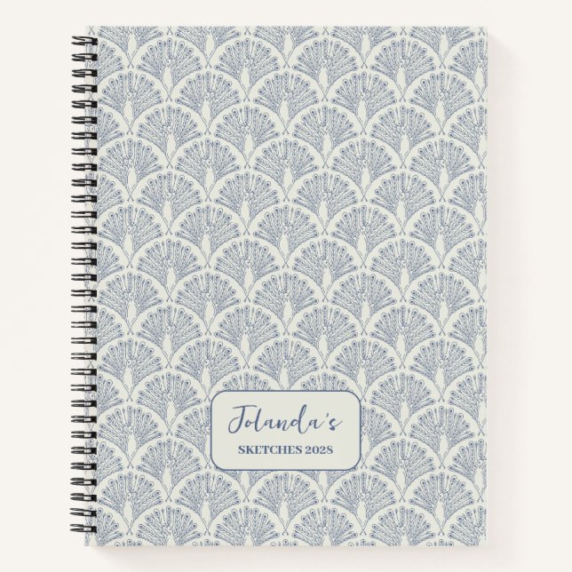 Carnet Motif Peacock Scallop Bleu Blanc Personnalisé (Devant)